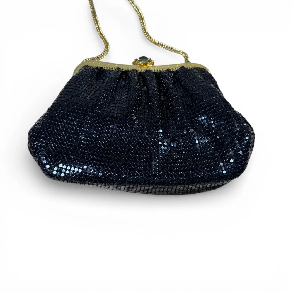 Whiting and Davis Vintage Bag Black Metal Mesh Rhinestone Gold Frame Pearl Clasp